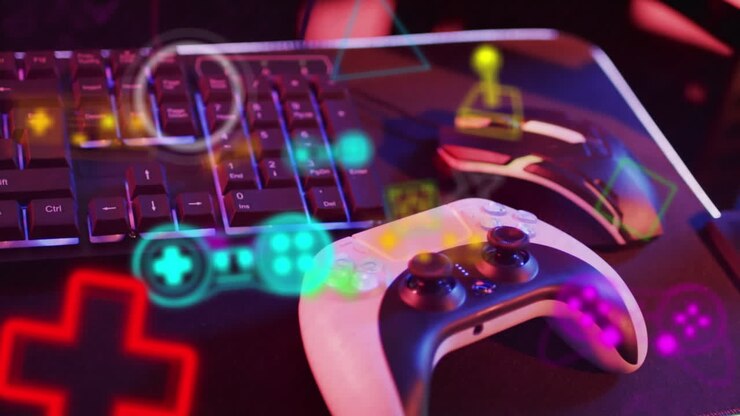 Animation of neon icons over video game computer equipment