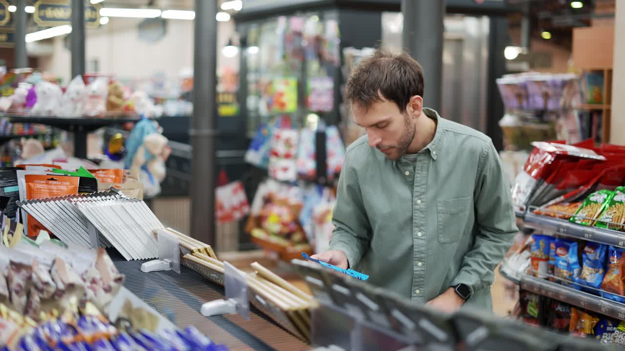 un hombre camina por el supermercado y toma chocolate del estante. leyendo las etiquetas e ingredientes