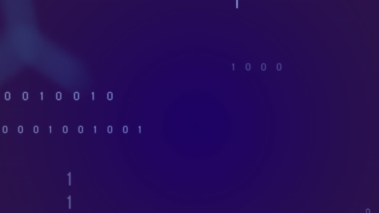 Animation of data processing and binary coding against blue background