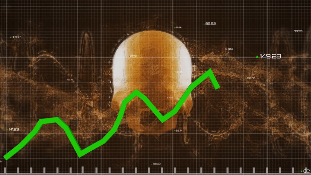 анимация зеленого графика, образующегося с сеткой и меняющимися числами, плавающими над человеческим черепом