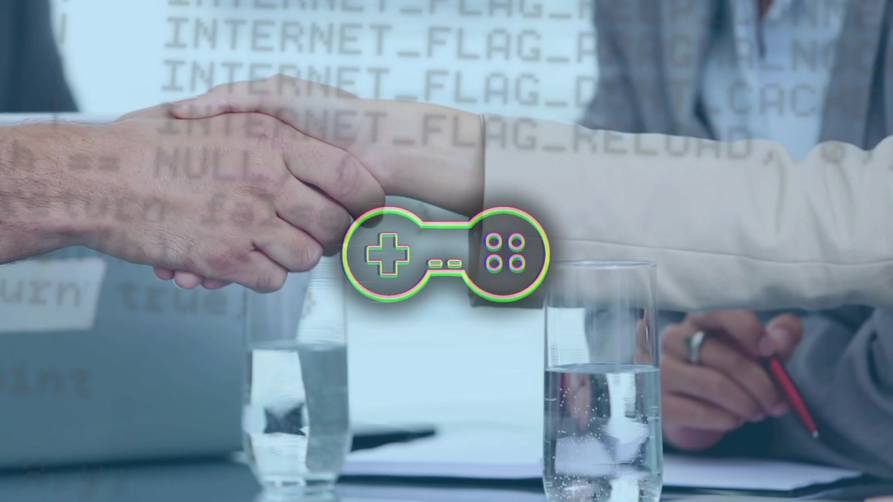 Animazione di elaborazione dati e gamepad sovrapposta a diversi professionisti che si tengono per mano