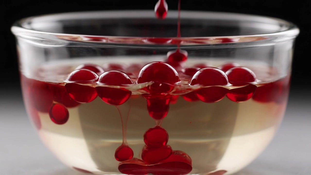 Goccioline di liquido rosso che formano sfere in olio trasparente