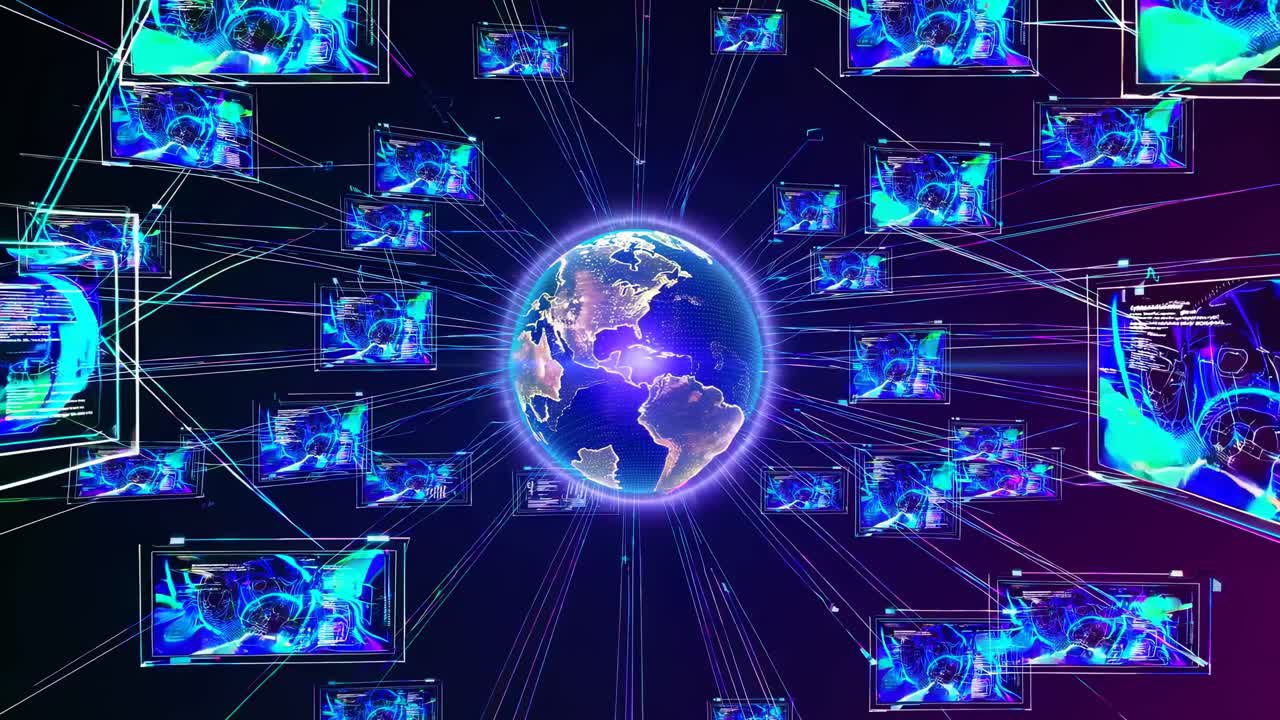 A digital video concept with a futuristic style, showing Earth at the center with networked screens