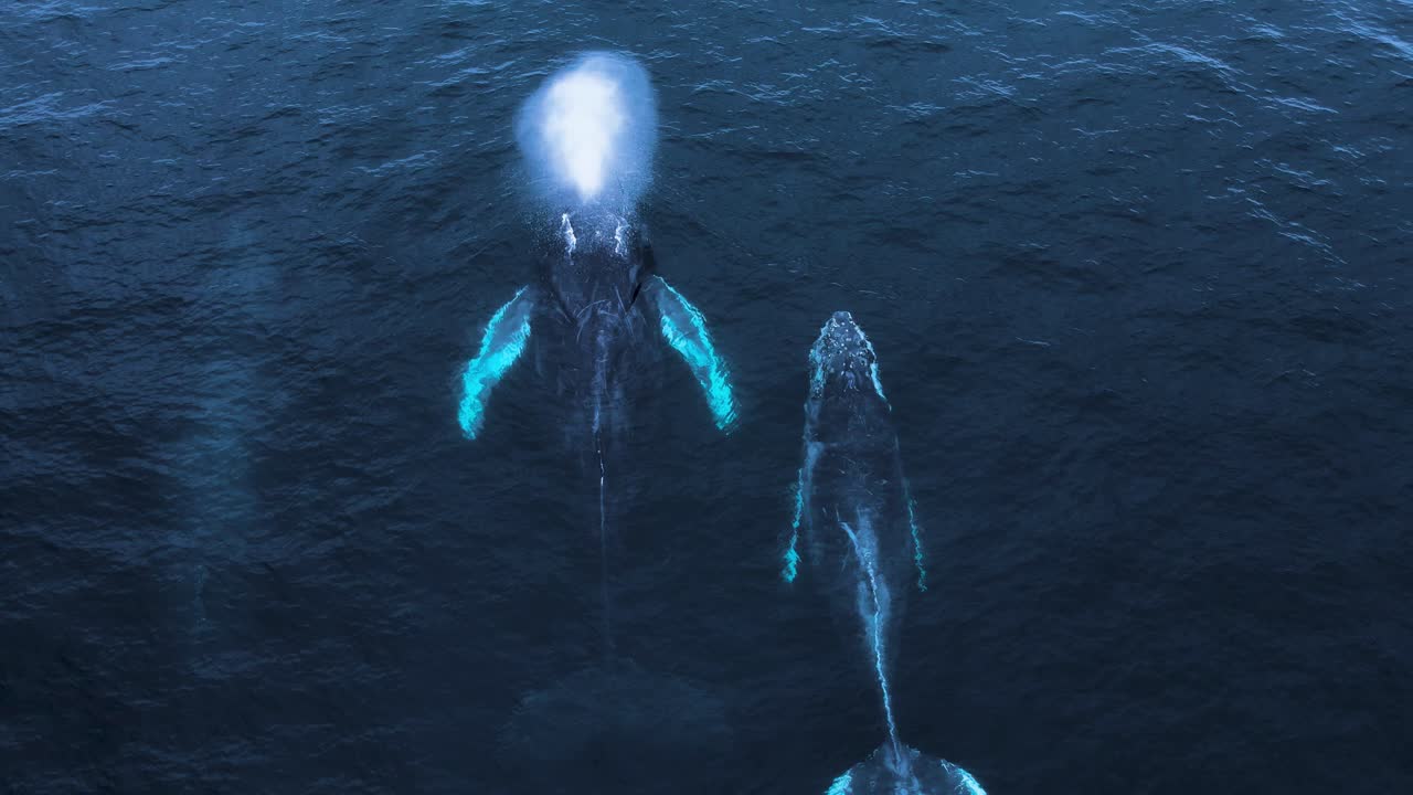 물 위로 떠오르는 나무 혹등고래, 드론 보기, 느린 동작