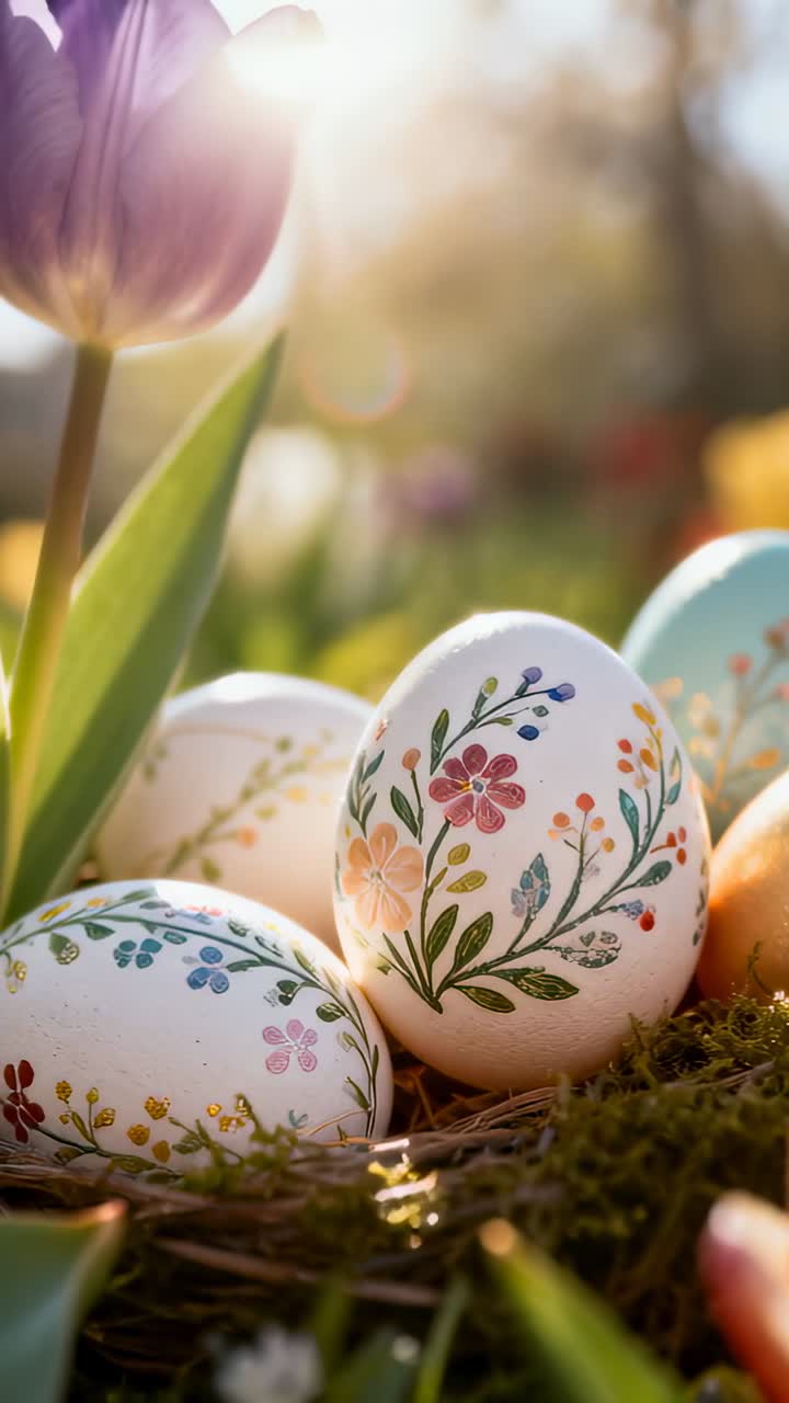 Vertical video: Resting painted eggs in garden moss-bed by tulip hand entering revealing orange egg