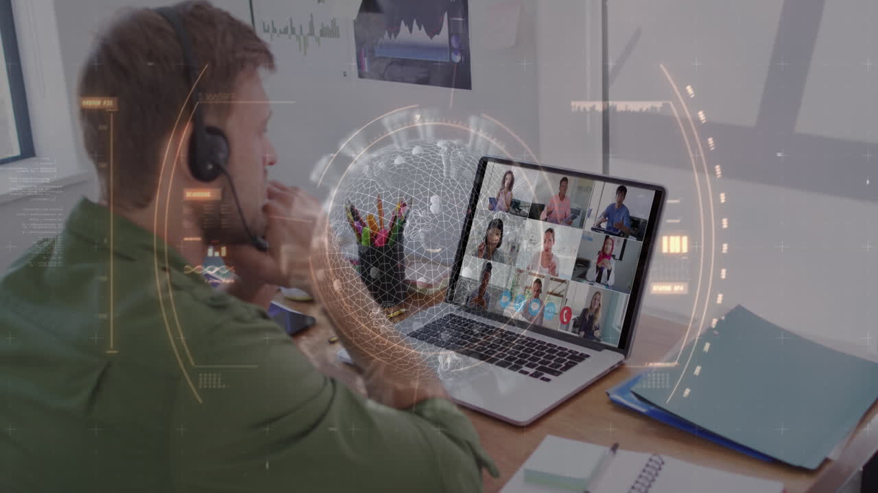 비디오 통화에서 노트북을 사용하는 사람 위에 코로나 19 셀과 함께 스 ⁇  스캐닝의 애니메이션