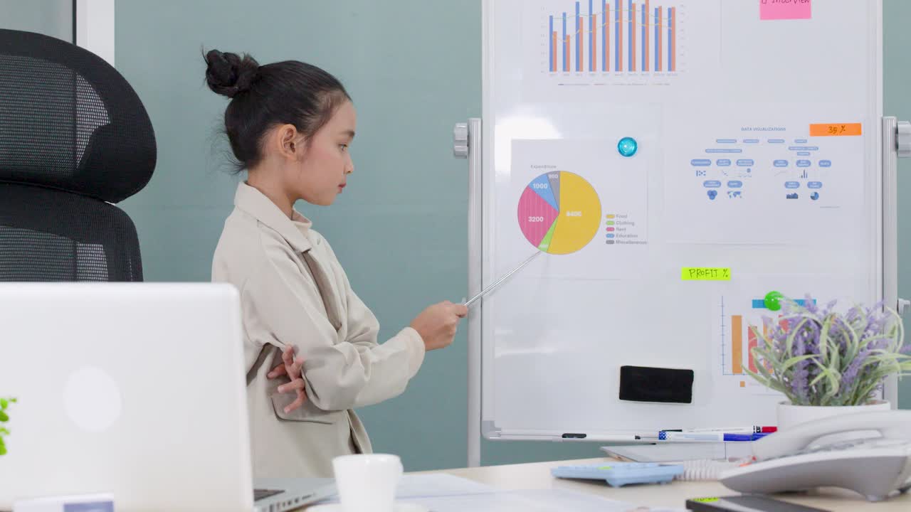 A young girl dressed as a businesswoman presents data charts on a whiteboard in office