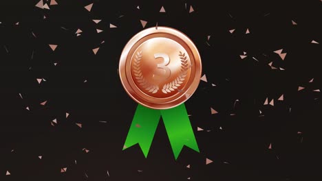 bronze medal with green ribbon and confetti