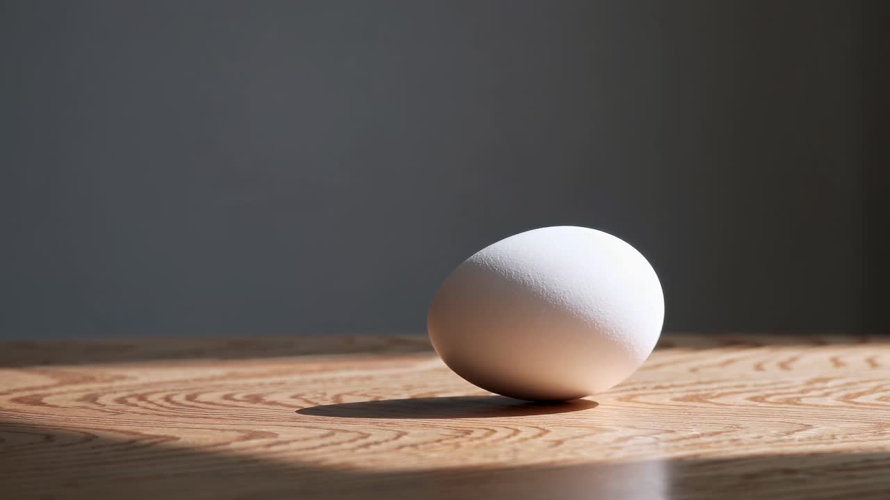 A single egg on a wooden table, captured in a minimalist style with a side angle