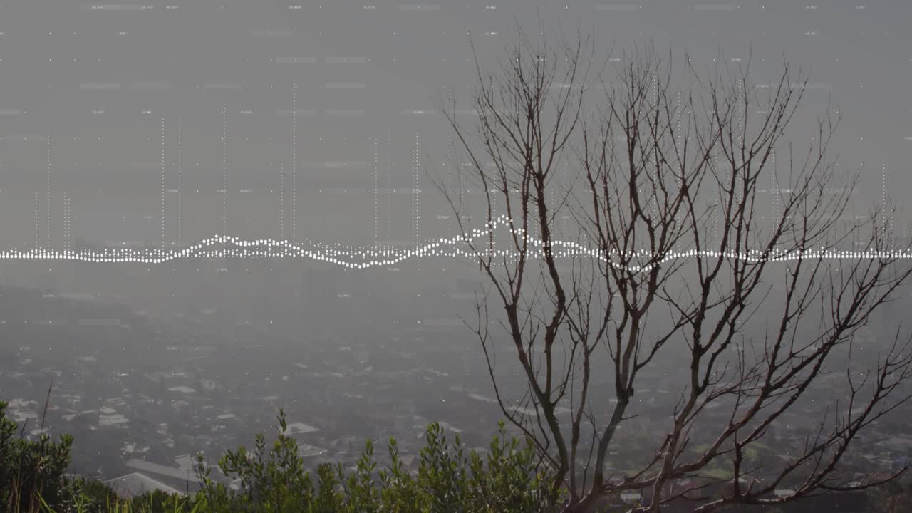 Audio waveform overlay appearing as audio playing over hillside pulsing across frame showing signal