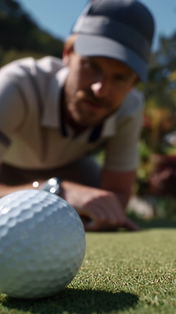 Giocatore di golf si china vicino alla palla sull'erba verde. Si concentra intensamente, con la mano vicino alla palla. Il giocatore si rialza, rilassato, sorridendo leggermente. Campo soleggiato con alberi e colline nelle vicinanze.