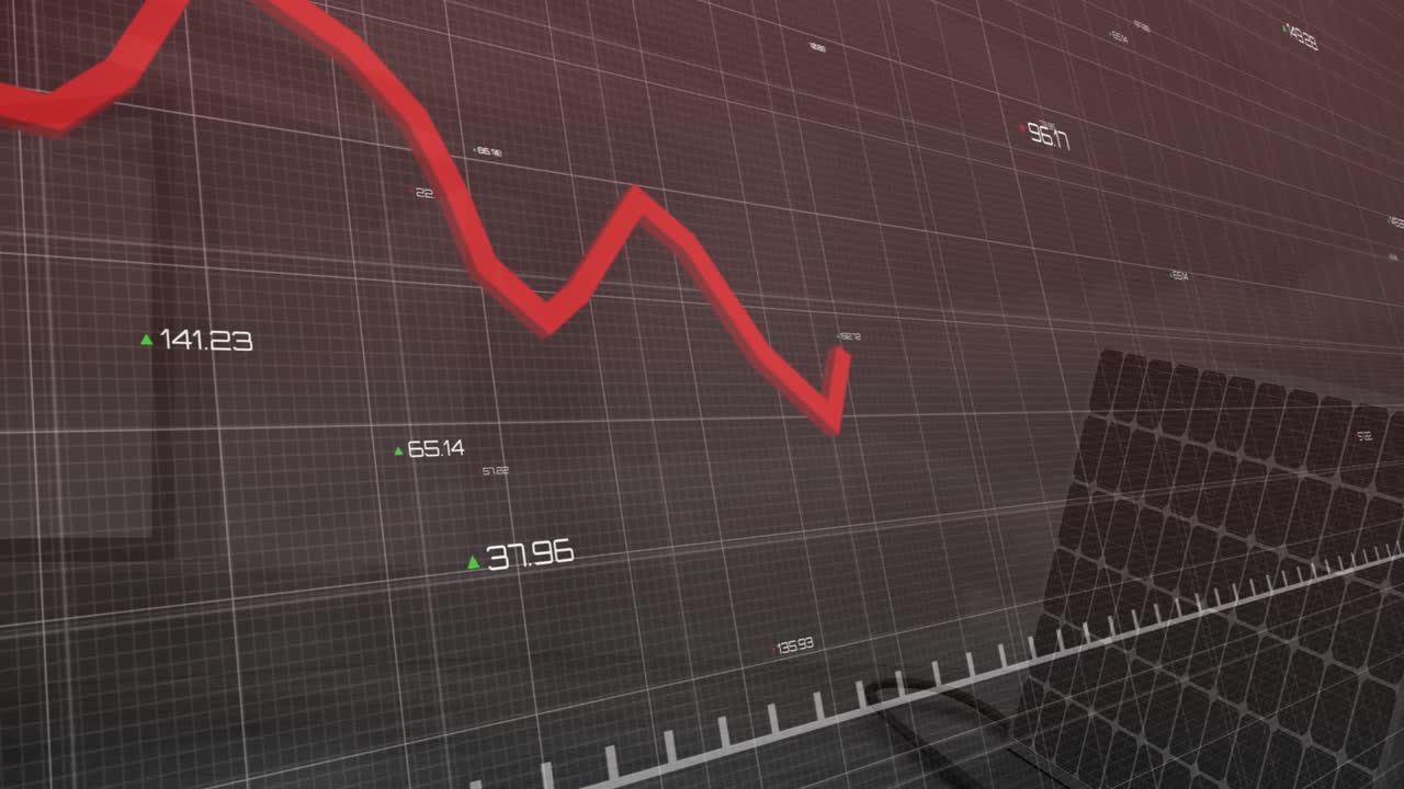 Red financial graph fluctuating over grid background, stock market analysis animation