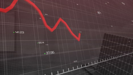 red financial graph fluctuating over grid background, stock market analysis animation