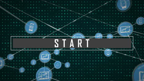 animation of start text banner and network of digital icons against dots pattern on green background