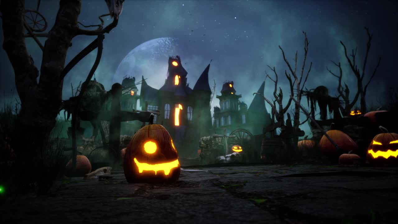 Halloween Haunted House With Bats, And Pumpkins Under Scary Moon Cinematic Video Animation Background