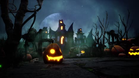 halloween haunted house with bats, and pumpkins under scary moon cinematic video animation background