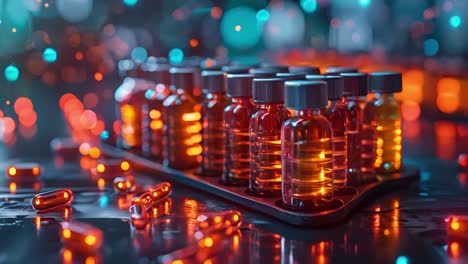 glowing medicine vials and pills in a laboratory setting
