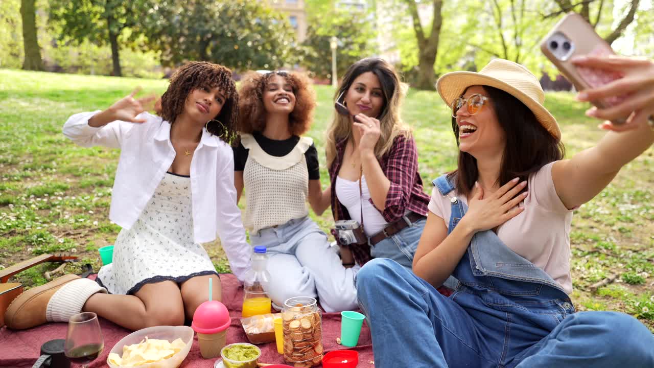 Friends Enjoying a Picnic in the Park Taking a Selfie