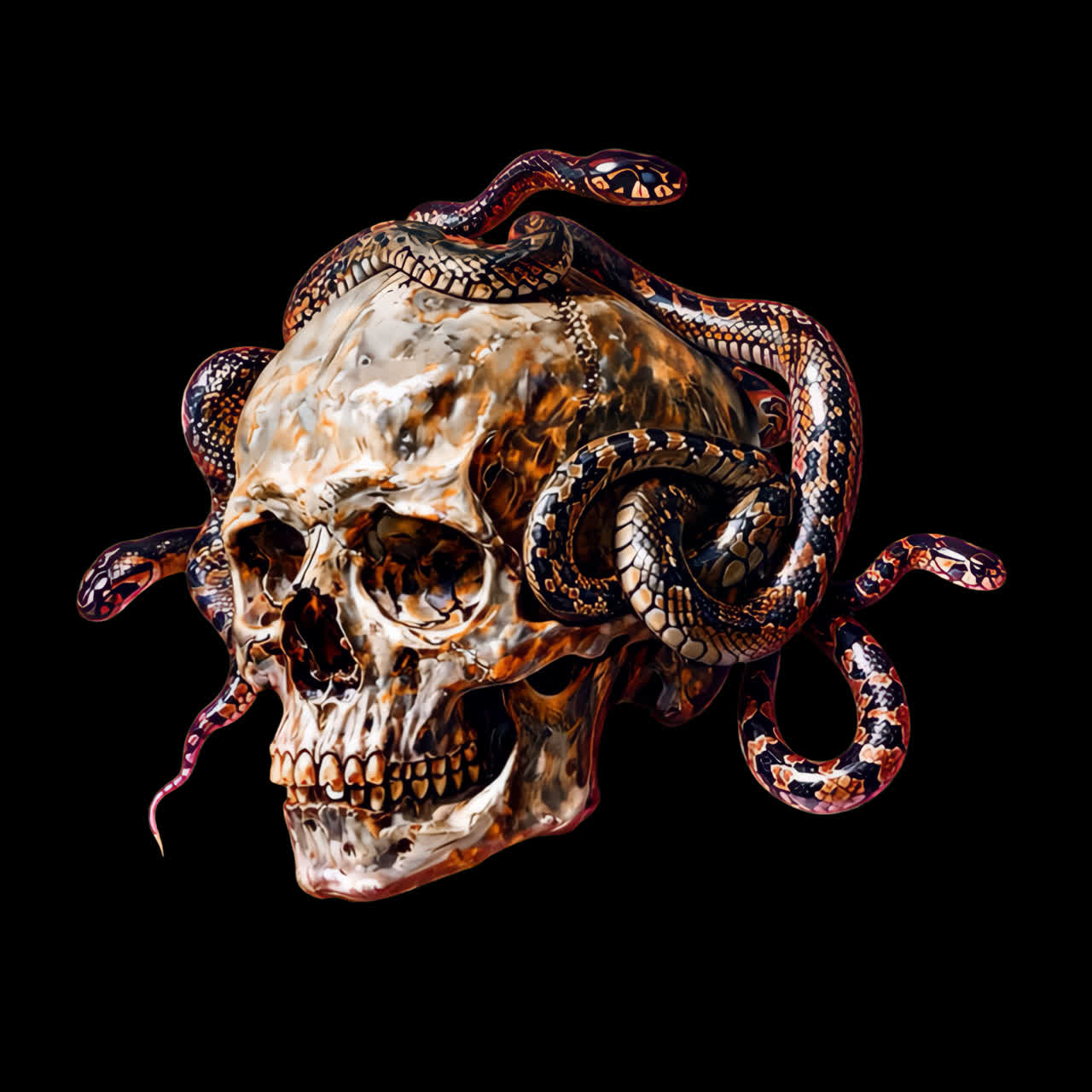 Skull with snakes animation isolated asset, transparent 4K video, alpha channel, ProRes 4444