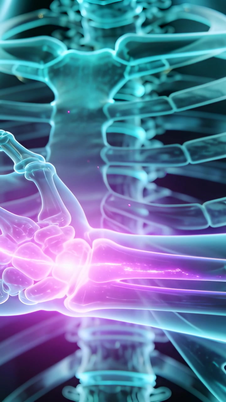 Vertical video: Emerging magenta pulse at wrist, cyan bones pulsing to highlight carpals in studio