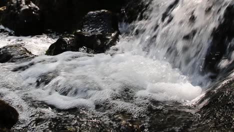 sped up water cascading at the base of a small waterfall enclosed by rocks on all sides