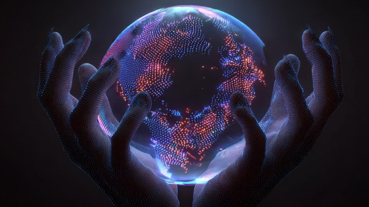 Digital hands made of particles holding a futuristic, glowing hologram of planet earth that is rotating, representing concepts like global connection, network, technology and environmental care