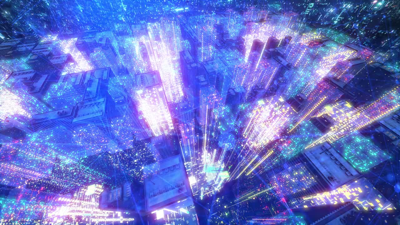 미래의 스마트 시티 사이버 공간 건물 풍경 애니메이션