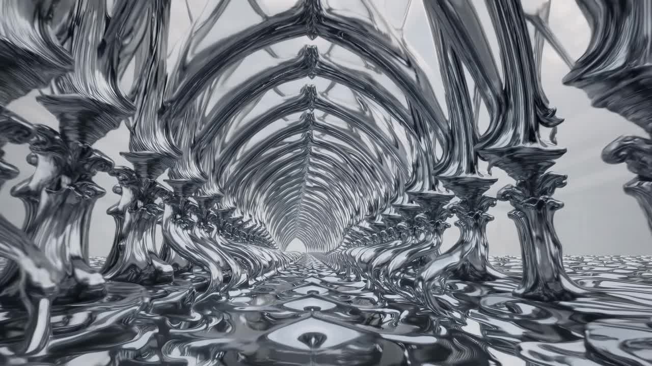 An intricate abstract scene depicting a surreal metallic tunnel with reflective surfaces and symmetrical patterns extending into the distance