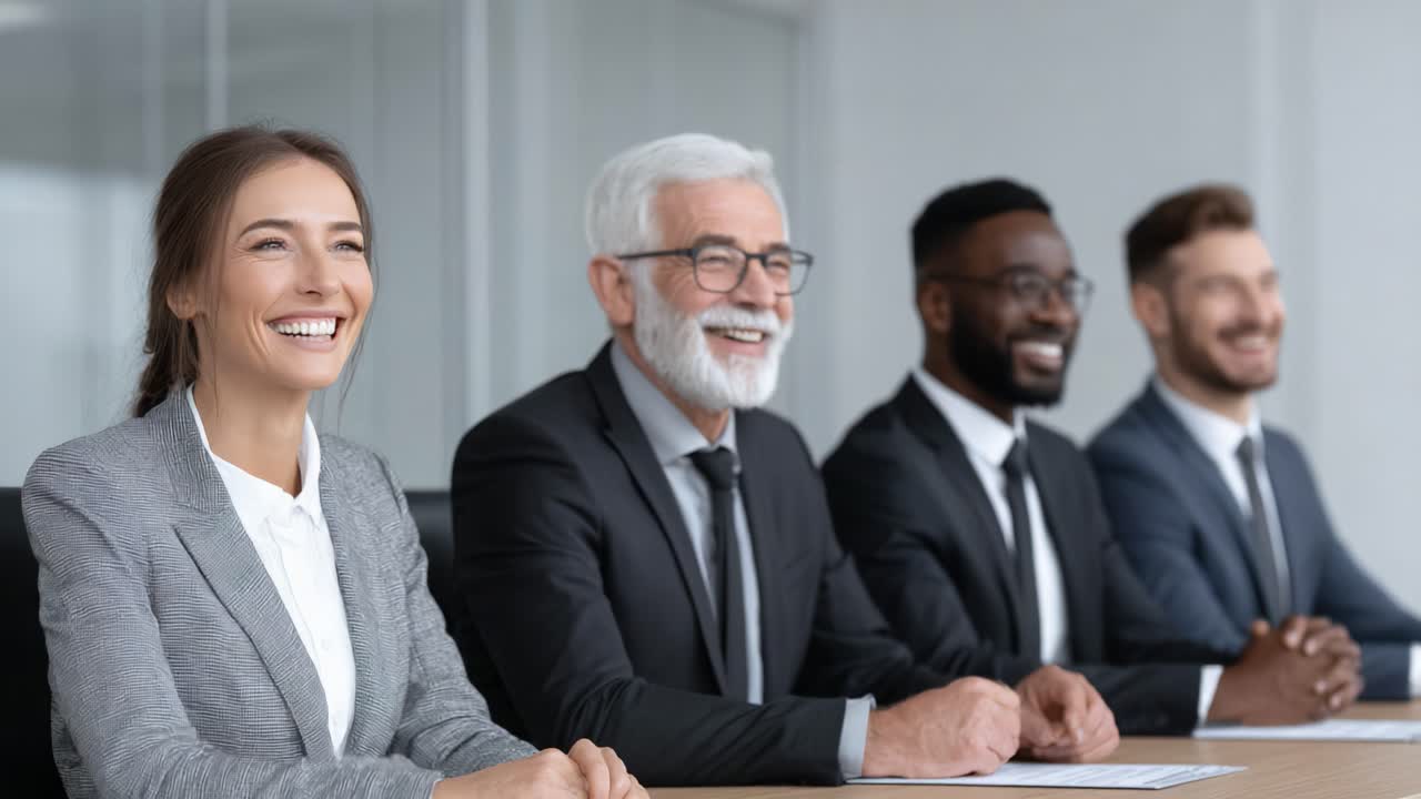 A Professional Team of Four Individuals Smiling Together at a Conference Table, Reflecting Positivity and Confidence in a Business Environment