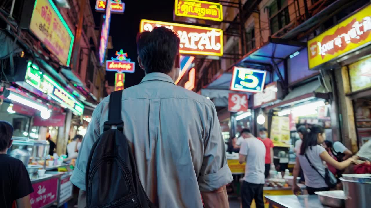 A video captures a bustling street market at night from a rear, eye-level angle