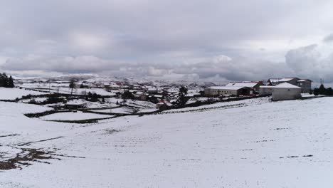 village with snow capped mountains
