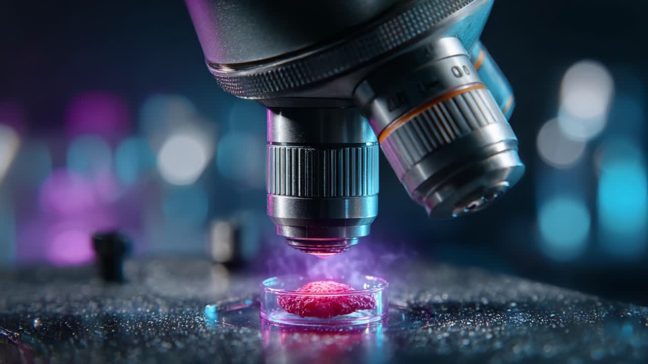 Exploring the Microscopic World: A Close-Up View of a Microscope Analyzing a Vibrant Sample Under Colorful Lighting Effects