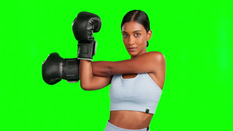 Green-screen,-face-or-boxing-woman-stretching