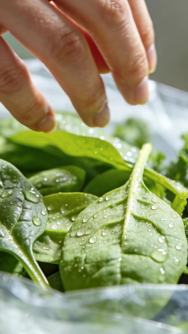 Video verticale: Dita che si librano guidano la mano destra che spazzola foglie di spinaci su un bancone in un sacchetto trasparente.