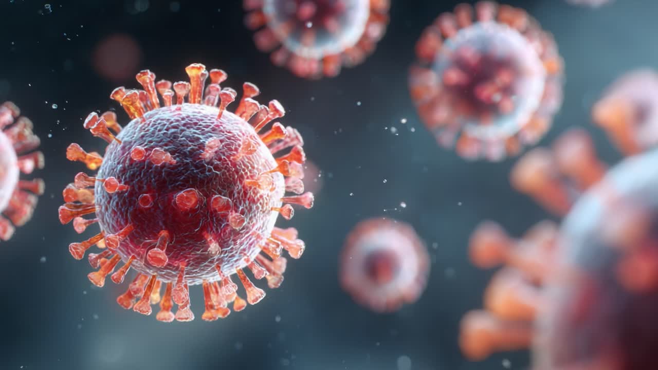 Vista microscopica dei virus: visualizzazione dettagliata di particelle virali in alta risoluzione, che cattura la loro struttura e complessità in una rappresentazione artistica