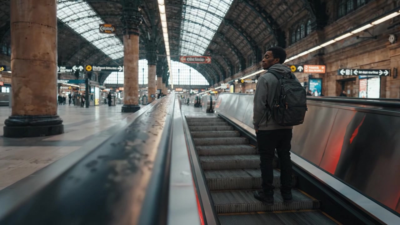 Un viaggiatore solitario si ferma su una scala mobile in una vivace stazione ferroviaria, circondato dalla bellezza architettonica della grande sala piena di pendolari e attività.