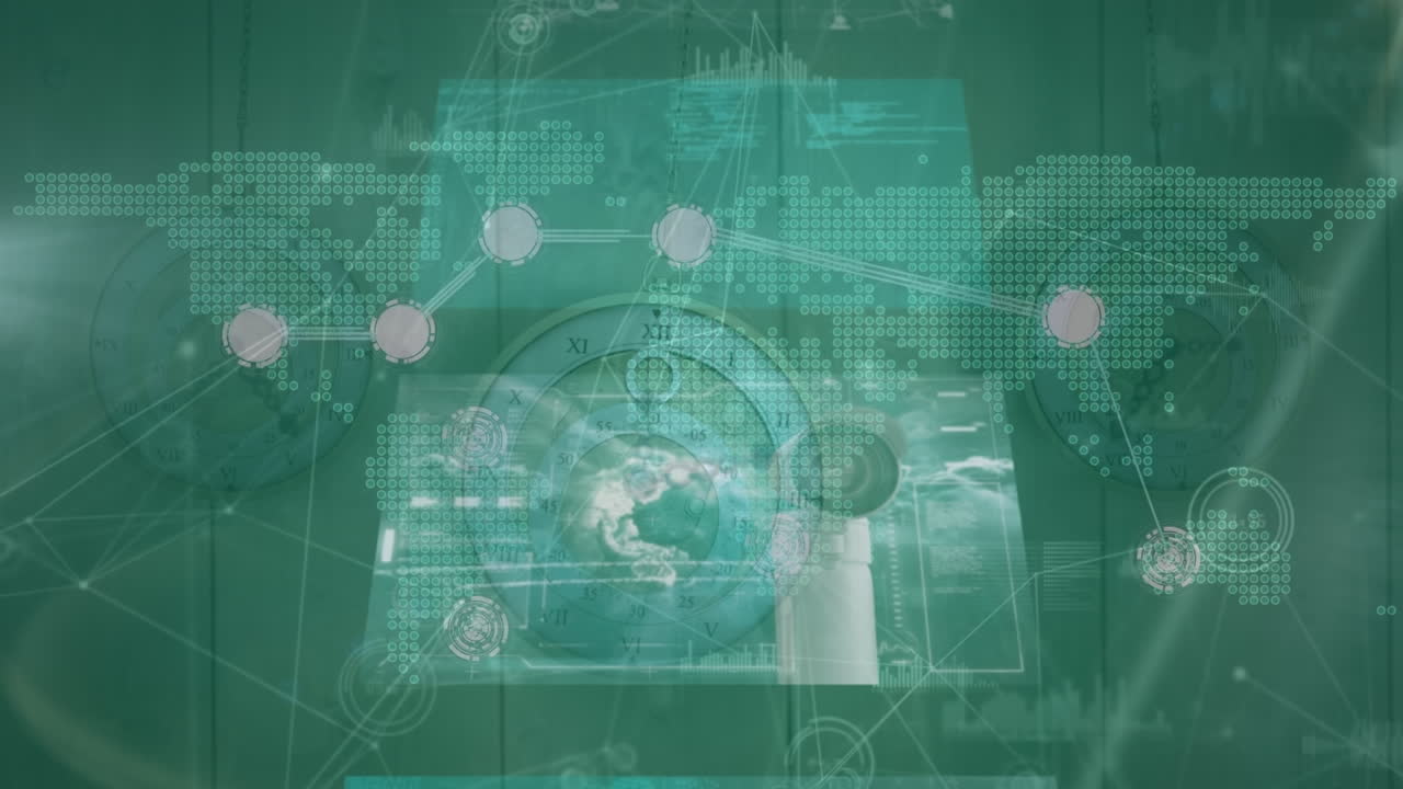 세계 지도 위에서 화면과 움직이는 시계에 대한 데이터의 애니메이션