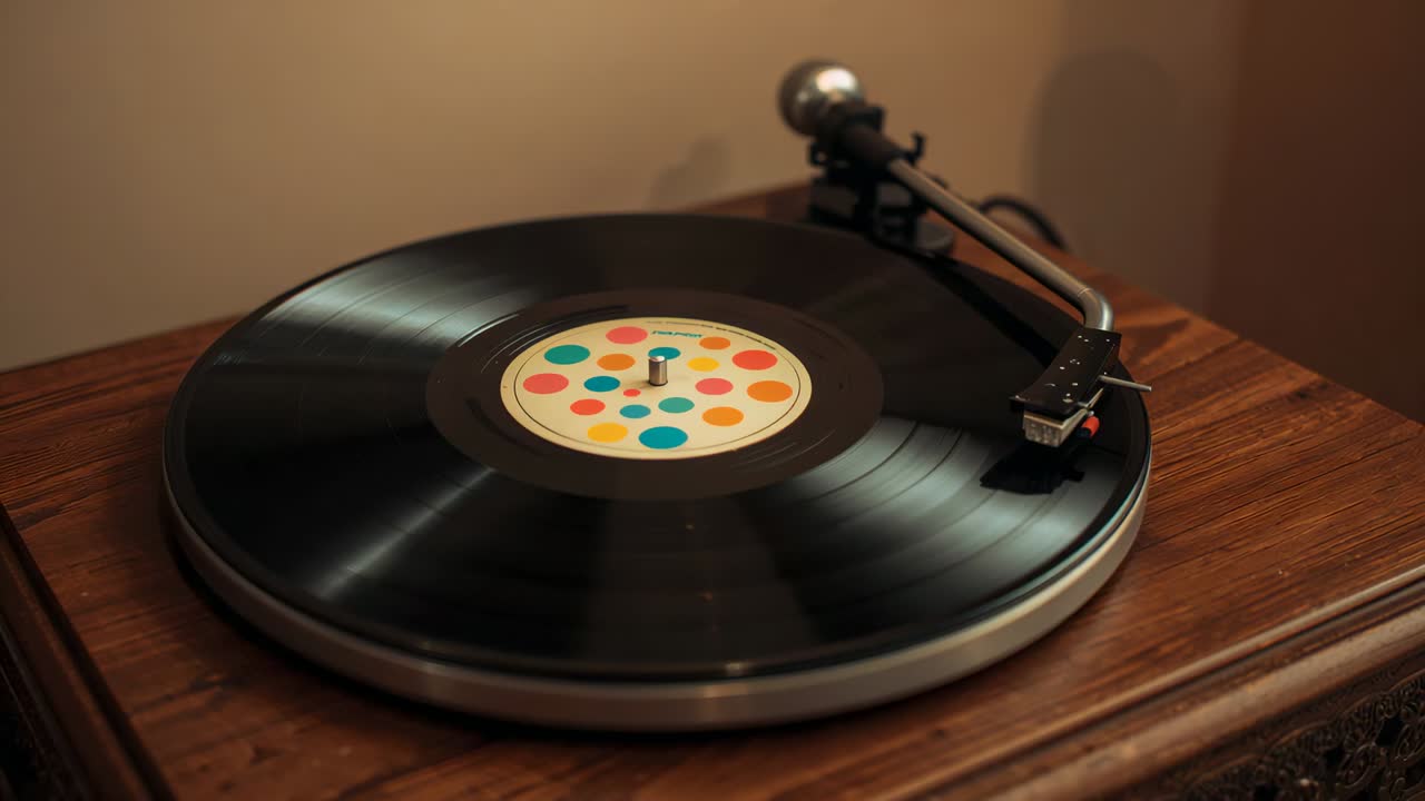 Vinile che gira su un mobiletto in legno in casa, puntina appoggiata sul solco ed etichetta a pois che ruota