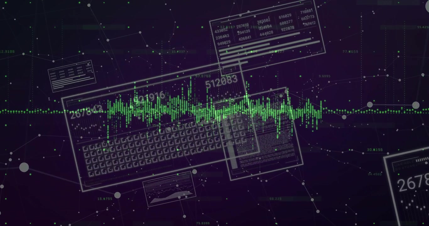 At start green waveform line pulsing as floating data panels updating values for real time analysis