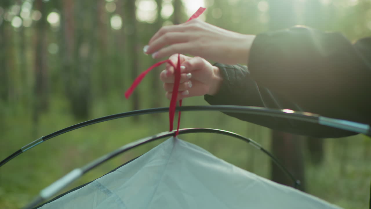 close up of woman hands tying red tent rope to flexible tent pole as soft sunlight filters through forest trees creating gentle glow around hand during peaceful morning camping preparation