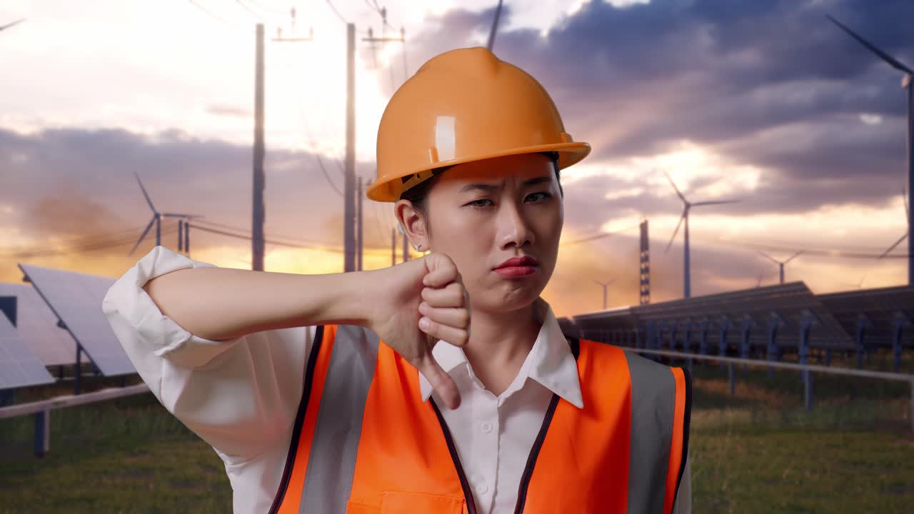 Close Up Of Asian Female Engineer With Safety Helmet Showing Thumbs Down Gesture And Shaking Her Head With Solar Panel and Wind Turbines