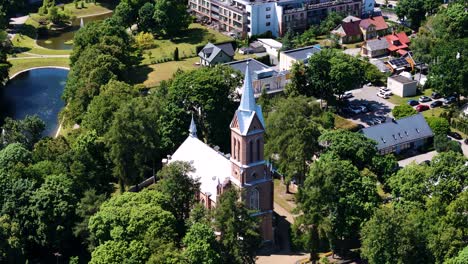 birstonas church tower and township skyline, aerial orbit view
