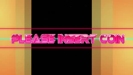 animation of please insert coin text over light trails and orange frame on black background