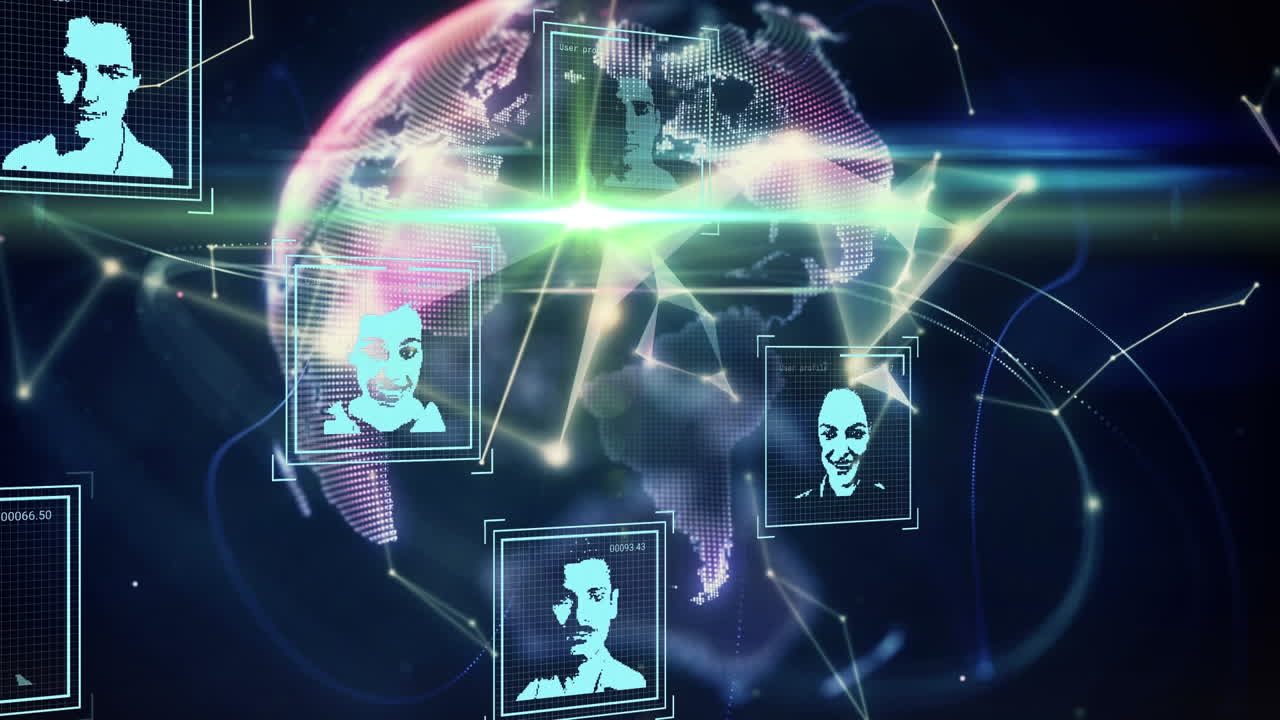Animation of digital profile pictures over connected dots and globe against abstract background
