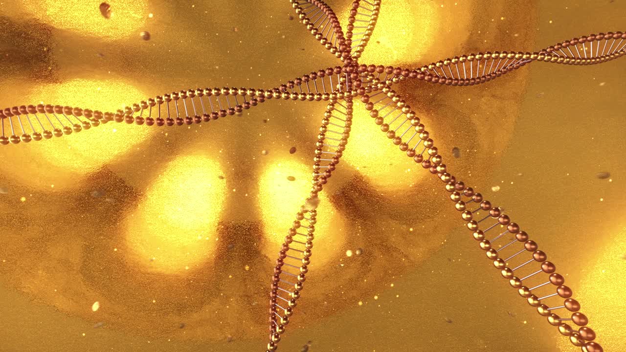 dna 분자의 소용돌이와 함께 황금 기하학적 배경 3d 렌더링 루프 4k
