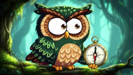 a wise cartoon owl holding a compass in a magical forest, ready to guide adventures with its keen sense of direction and charming personality