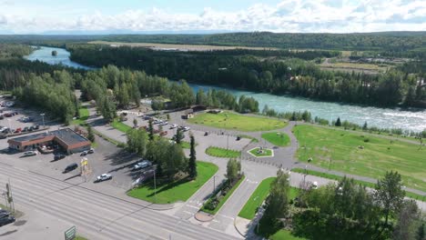 Aerial-footage-the-Soldotna-Creek-Park-next-to-the-Kenai-River-in-Alaska