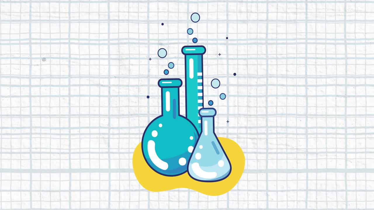 Animation of several test tubes and beakers with blue grid on a white background