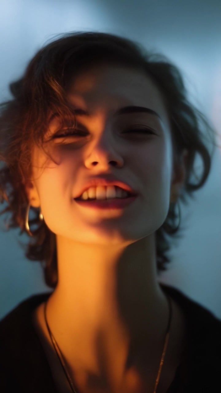 Captivating Expression of Raw Emotion: A Woman's Intense Scream Illuminated by Ethereal Light in a Dimly Lit Environment