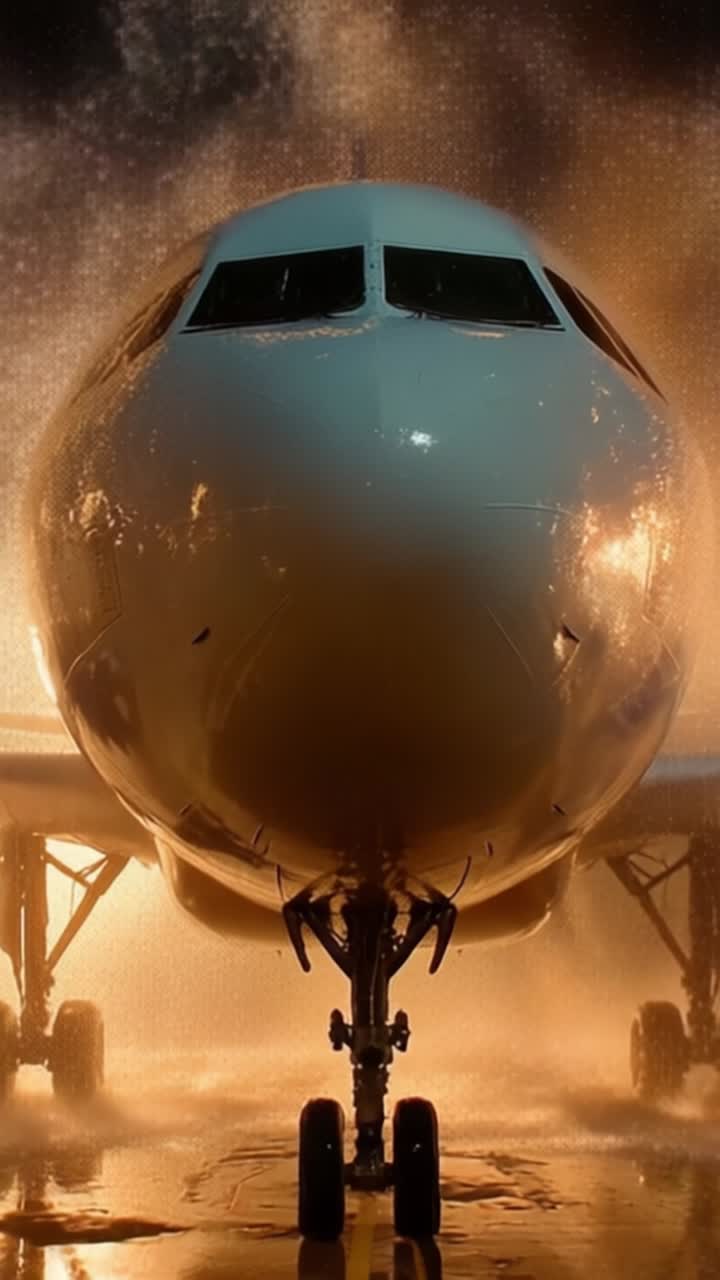 Un primo piano di un aereo jet commerciale che emerge drammaticamente da uno spruzzo d'acqua, evidenziando il suo design elegante e l'aspetto futuristico durante il decollo.